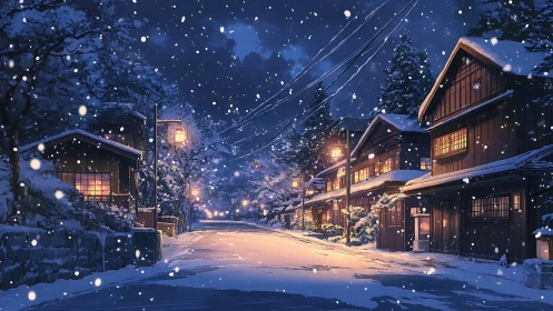 Nocturnal snowfall across timbered village street architecture.