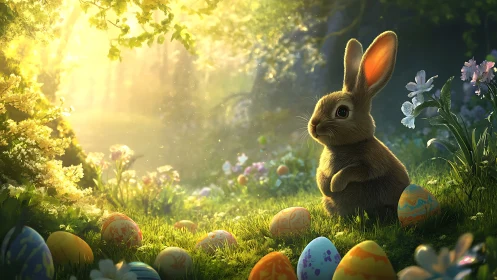Sunlit rabbit observes painted Easter eggs in luminous glade