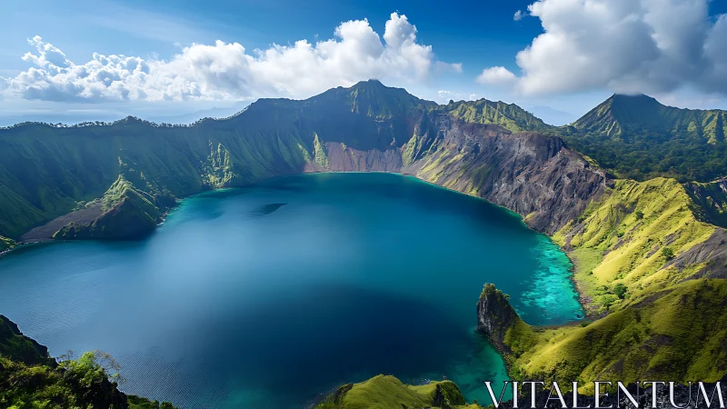Volcanic Crater Lake: Teal Caldera Basin with Verdant Ridgelines