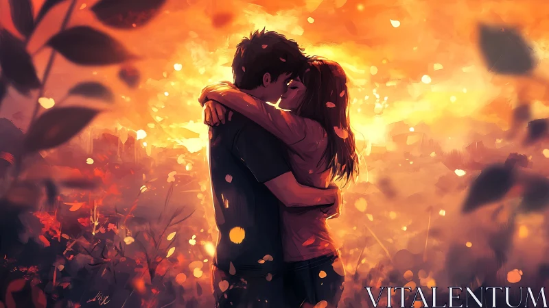 Embrace amid golden flames and falling embers.