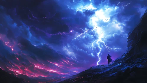 Stormlit wanderer walks beneath a sky of blazing lightning