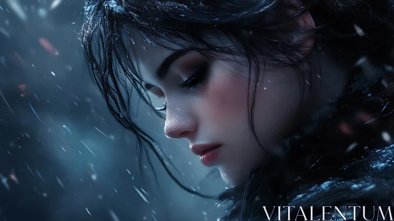 Profile view shows a woman rendered in close-up winter scene