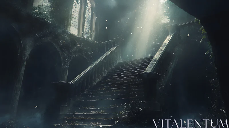Sunlit forgotten staircase inviting quiet, dreamy wonder.