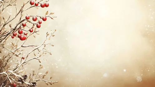 Snow dusted red berries on winter branches against bokeh field