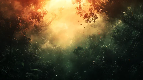 Luminous Forest Canopy with Golden Sunburst Through Autumn Foliage.