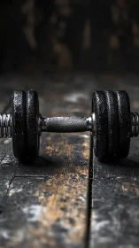 Lone iron dumbbell resting on scarred wooden training altar.