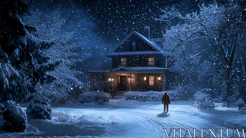 Snowy farmhouse night with solitary figure returning home.