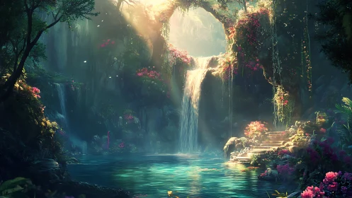 Digital landscape depicts waterfall, pond and stone stairway