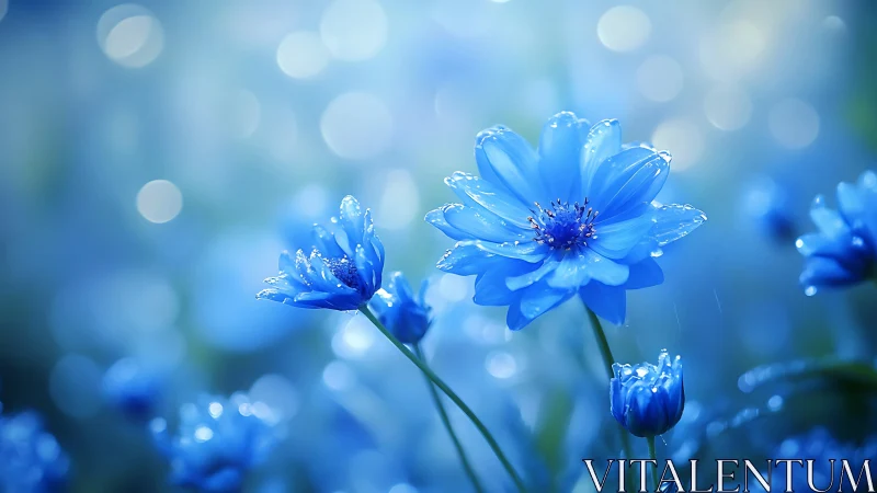 Macro depth-of-field study of blue petaled flowers with prismatic water droplet refraction patterns