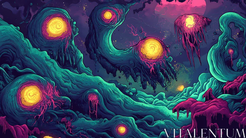 Bioluminescent void organisms in neon cosmic sludge-scape.