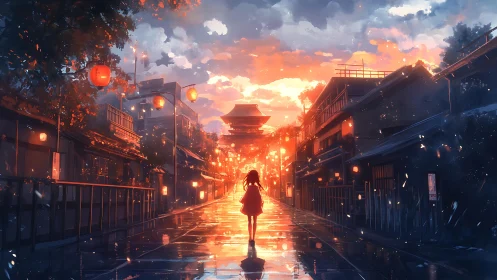 Twilight walk through lantern-lit Kyoto street reflections.