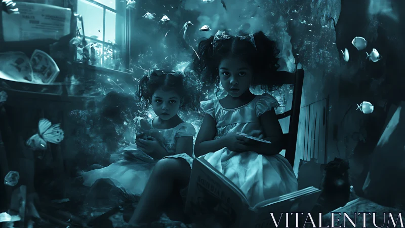Children Reading Underwater. Surreal Narrative.