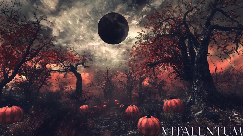 Blood-red pumpkin grove under eclipsed harvest moon.