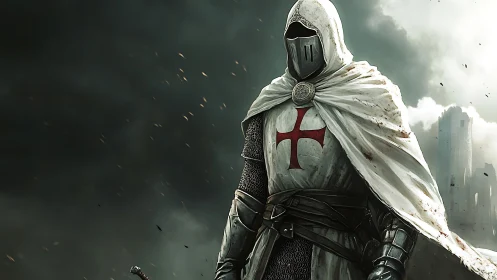 Hooded crusader knight stands armored before stormy ruins.
