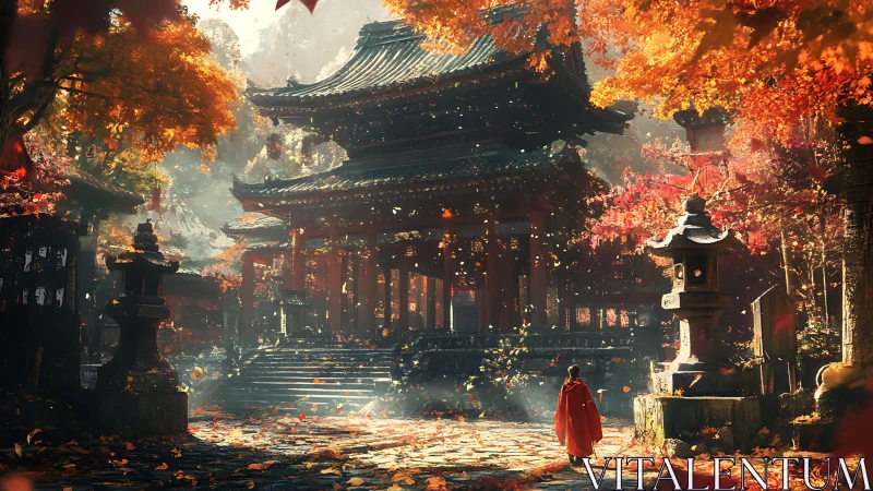 Traditional temple courtyard framed by dense autumn foliage.