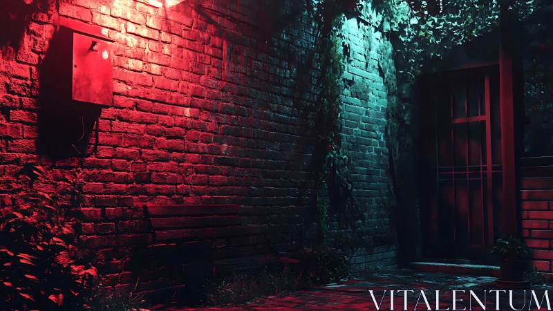 Deserted brick alley glows under red and teal night lights