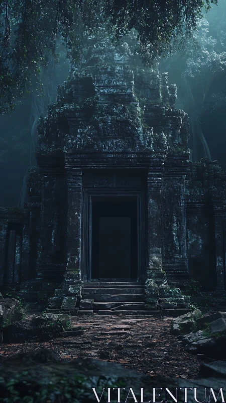 Ancient jungle temple entrance glows through misty canopy