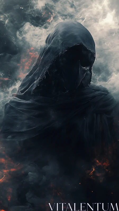 Hooded skeletal figure stands in swirling smoke and embers