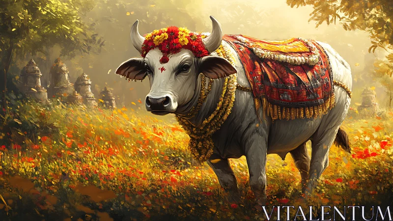 Sacred adorned cow stands in golden temple garden light