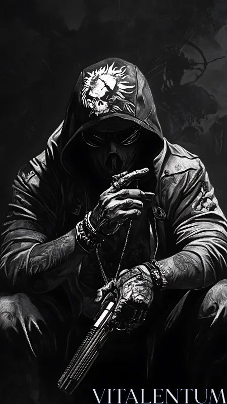 Hooded armed figure in monochrome stylized illustration.