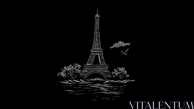 Monochrome line illustration of Eiffel Tower with riverfront.
