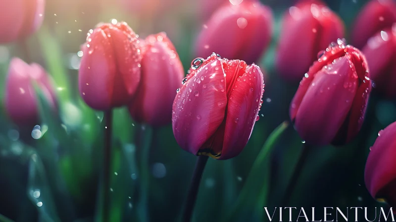 Pink Tulips with Raindrops in Soft Focus Garden.