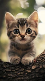 Tabby Kitten Seated on Branch with Focused Frontal Gaze