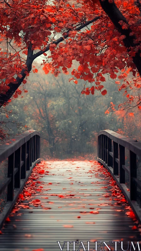 Autumn bridge leads through red maple canopy in soft rain