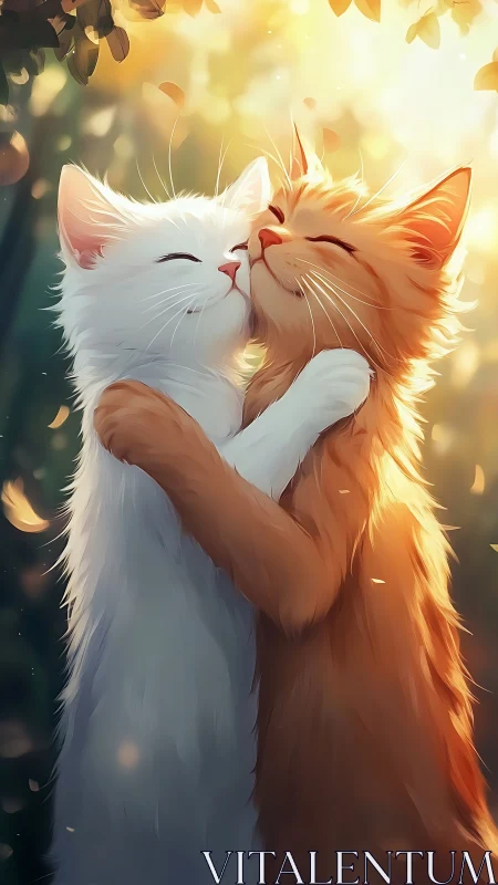 Two felines embrace in warm golden light amid falling leaves.