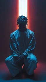 Silhouetted man kneels beneath neon pillar of red-blue light.