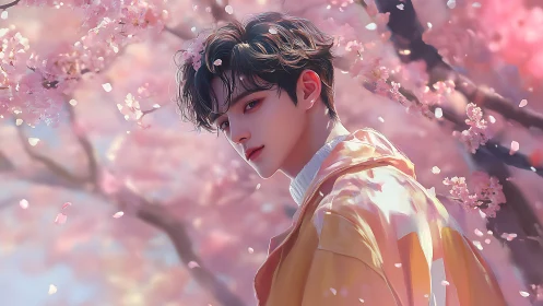 Anime portrait under luminous cherry blossoms in soft focus