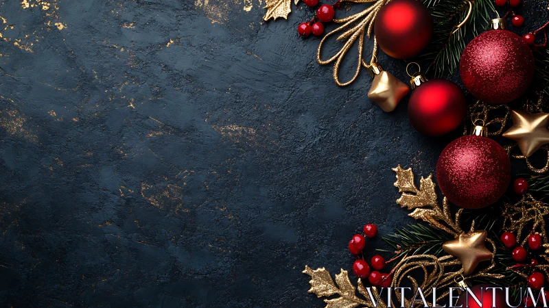 Red and gold Christmas baubles on dark festive background.