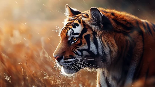 Golden light settles softly on a watchful tiger’s gaze