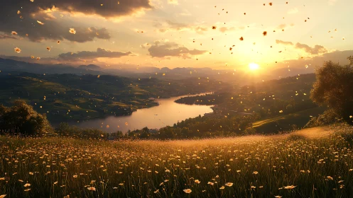 Wildflowers drift like golden comets over a sunset lake