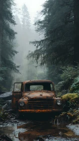 Rusting pickup truck decays in mist-laden conifer forest corridor