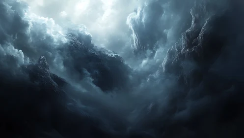 Storm-kissed cloud mountains rise in a mysterious twilight sky