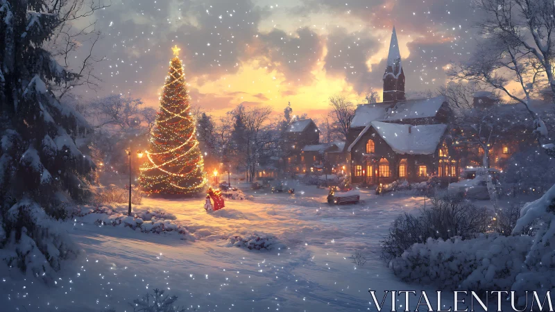 Snowy village Christmas tree glowing with cozy winter magic.