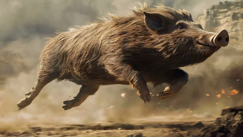 Wild boar mid-leap through dust-filled rocky landscape.