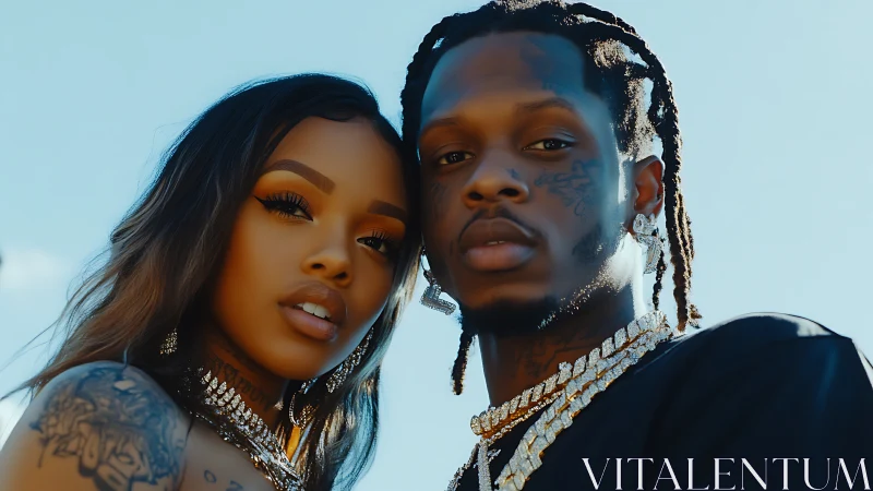 Confident tattooed couple shines under a bright urban sky