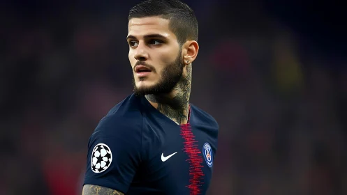 Tattooed footballer in navy kit under stadium lights.