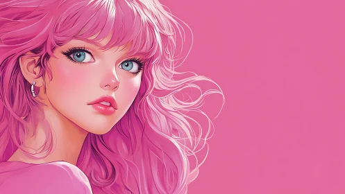 Chromatic vector portrait of windblown pink-haired girl.