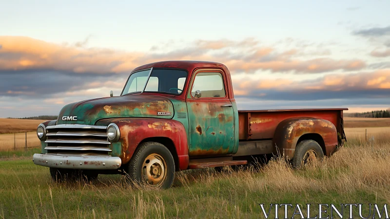 Weathered vintage GMC pickup truck in rural golden hour light