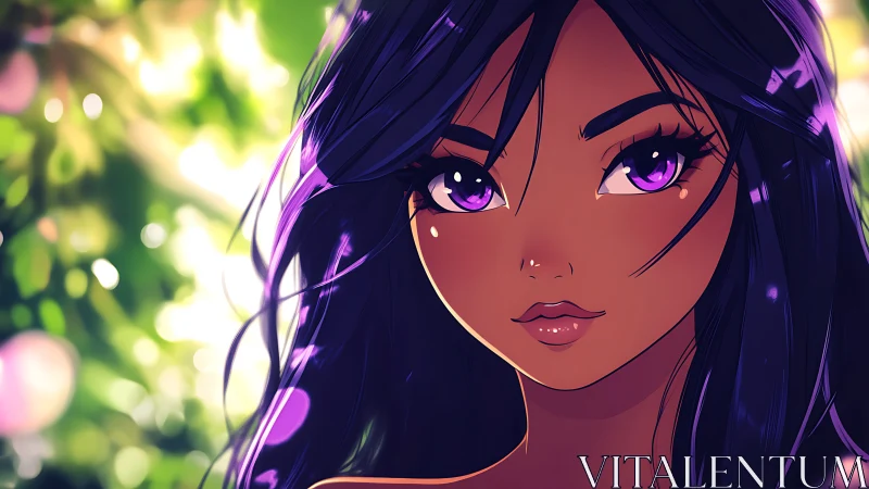 Violet-eyed daydreamer glowing softly in sunlit leaves.