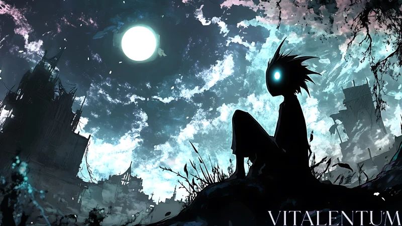 Celestial silhouette under moonlit post-apocalyptic skyline.