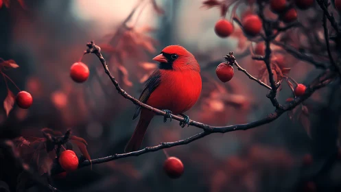 Vibrant red cardinal on berry branch in dreamy, soft-focus style.
