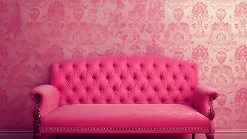 Bold pink tufted sofa against ornate damask wallpaper backdrop.