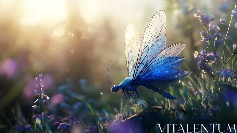 Dreamy blue dragonfly resting in soft glowing meadow.
