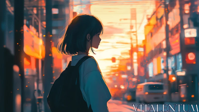 Teen girl with backpack in glowing city sunset street.