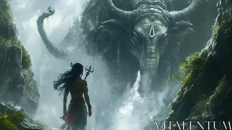 Warrior confronts colossal elephant deity in misty gorge.