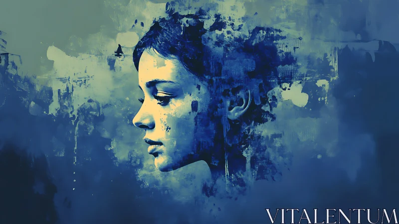 Dreamlike side profile dissolving into abstract blues.